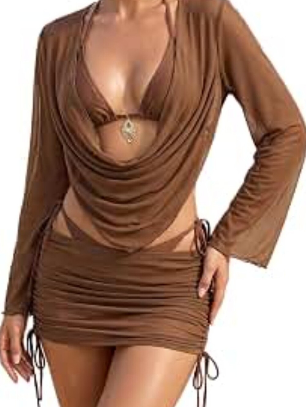 Women's Brown 4-Piece Bikini Set with Draped Cover-Up - Chic Beachwear - Picture 3 of 10